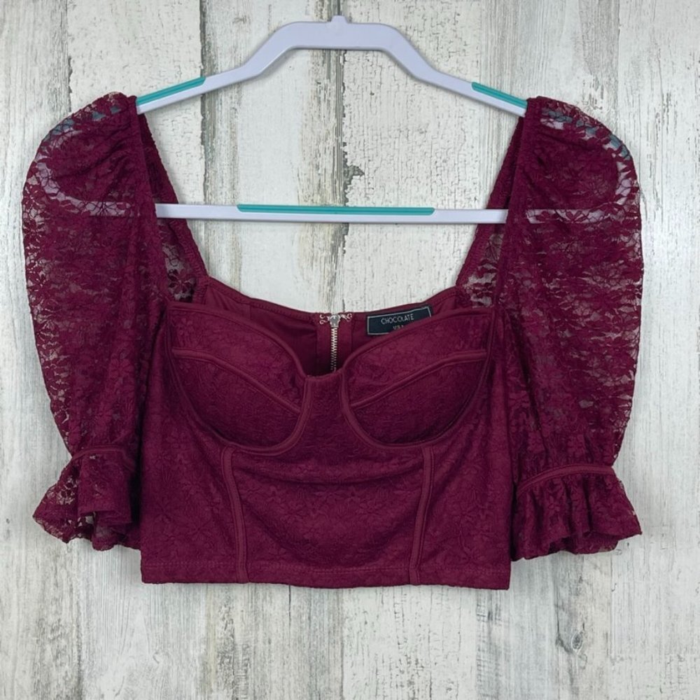 Chocolate crop lace bustier maroon small dark romance goth sexy sweetheart